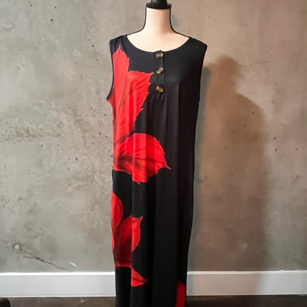Black Maxi Dress with Red Floral Print
